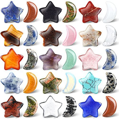 Nuenen 30er Set Sorgensteine in Mond- und Sternform – Handgeschliffene Edelsteine für Meditation, DIY-Geschenke und Hexenzubehör (Klassische Farben)