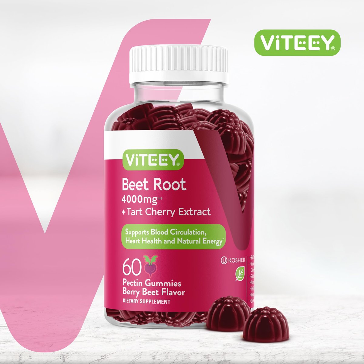 Viteey Rote-Bete-Gummibärchen 4000 mg [aus 80 mg 50:1 Extrakt] mit Sauerkirsche – Für gesunde Blutdruckunterstützung – Vegan, gelatinefrei, glutenfrei – Leckere kaubare Beeren-Gummis – 60 Stück
