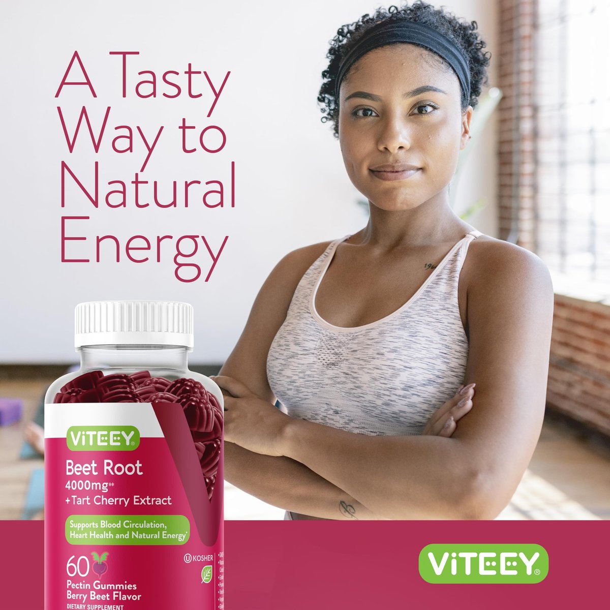 Viteey Rote-Bete-Gummibärchen 4000 mg [aus 80 mg 50:1 Extrakt] mit Sauerkirsche – Für gesunde Blutdruckunterstützung – Vegan, gelatinefrei, glutenfrei – Leckere kaubare Beeren-Gummis – 60 Stück