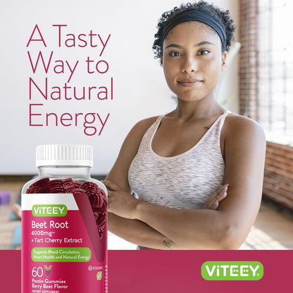 Viteey Rote-Bete-Gummibärchen 4000 mg [aus 80 mg 50:1 Extrakt] mit Sauerkirsche – Für gesunde Blutdruckunterstützung – Vegan, gelatinefrei, glutenfrei – Leckere kaubare Beeren-Gummis – 60 Stück