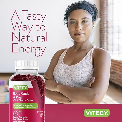 Viteey Rote-Bete-Gummibärchen 4000 mg [aus 80 mg 50:1 Extrakt] mit Sauerkirsche – Für gesunde Blutdruckunterstützung – Vegan, gelatinefrei, glutenfrei – Leckere kaubare Beeren-Gummis – 60 Stück
