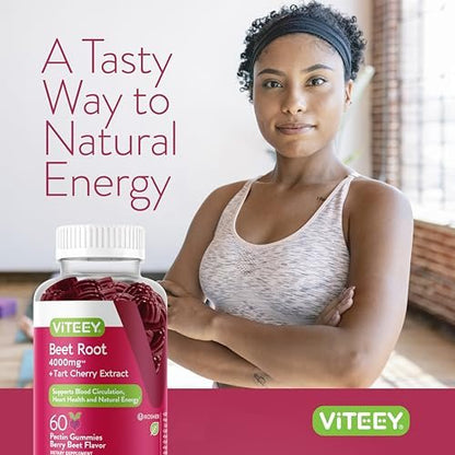 Viteey Rote-Bete-Gummibärchen 4000 mg [aus 80 mg 50:1 Extrakt] mit Sauerkirsche – Für gesunde Blutdruckunterstützung – Vegan, gelatinefrei, glutenfrei – Leckere kaubare Beeren-Gummis – 60 Stück