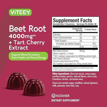 Viteey Rote-Bete-Gummibärchen 4000 mg [aus 80 mg 50:1 Extrakt] mit Sauerkirsche – Für gesunde Blutdruckunterstützung – Vegan, gelatinefrei, glutenfrei – Leckere kaubare Beeren-Gummis – 60 Stück