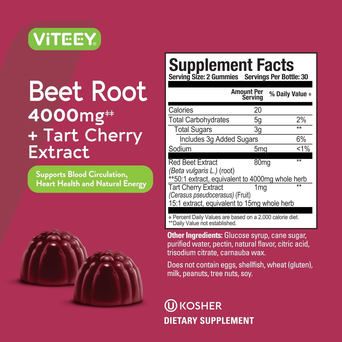 Viteey Rote-Bete-Gummibärchen 4000 mg [aus 80 mg 50:1 Extrakt] mit Sauerkirsche – Für gesunde Blutdruckunterstützung – Vegan, gelatinefrei, glutenfrei – Leckere kaubare Beeren-Gummis – 60 Stück