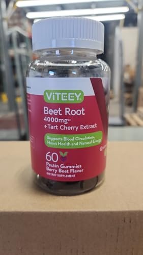 Viteey Rote-Bete-Gummibärchen 4000 mg [aus 80 mg 50:1 Extrakt] mit Sauerkirsche – Für gesunde Blutdruckunterstützung – Vegan, gelatinefrei, glutenfrei – Leckere kaubare Beeren-Gummis – 60 Stück