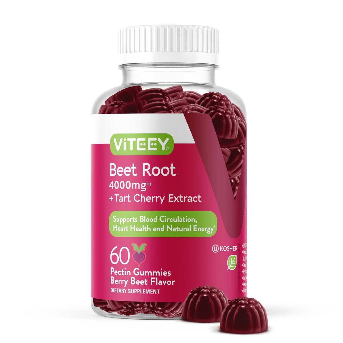 Viteey Rote-Bete-Gummibärchen 4000 mg [aus 80 mg 50:1 Extrakt] mit Sauerkirsche – Für gesunde Blutdruckunterstützung – Vegan, gelatinefrei, glutenfrei – Leckere kaubare Beeren-Gummis – 60 Stück