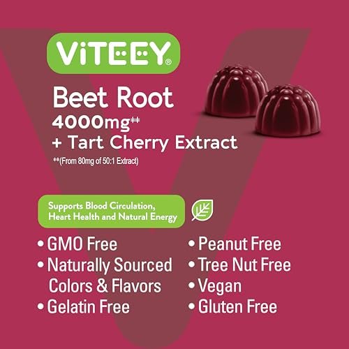 Viteey Rote-Bete-Gummibärchen 4000 mg [aus 80 mg 50:1 Extrakt] mit Sauerkirsche – Für gesunde Blutdruckunterstützung – Vegan, gelatinefrei, glutenfrei – Leckere kaubare Beeren-Gummis – 60 Stück