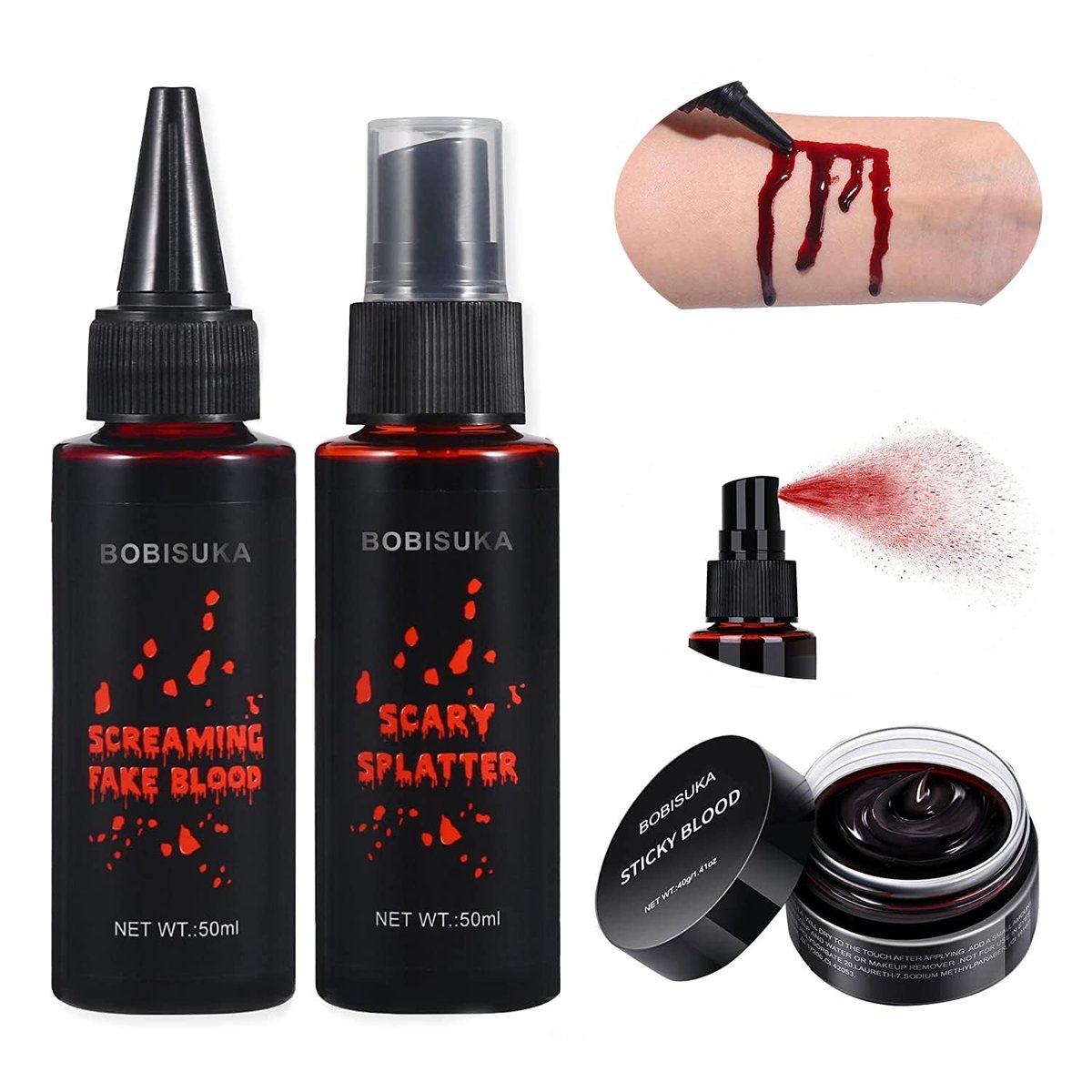 BOBISUKA Halloween Fake Blood Makeup Kit – 3-teiliges Set mit geronnenem Blut, Sprühblut und Tropfblut – Realistisches, waschbares SFX Make-up für Zombie, Monster, Mund und Kleidung