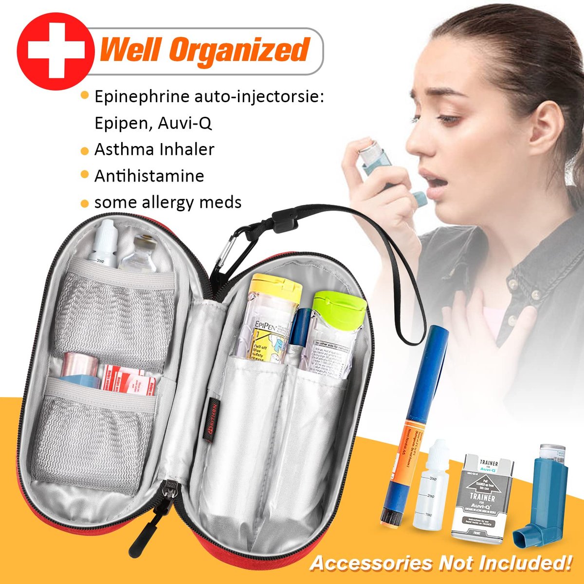 SITHON EpiPen Medizinische Aufbewahrungstasche Isoliert, Reise Medikamenten Organizer Tasche für 2 EpiPens, Asthma-Inhalator, Antihistamin, Auvi-Q, Allergie-Medikamente, Rot