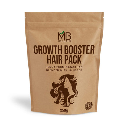MB Herbals Wachstumsbooster Haar Pack | Mischung aus Henna, Shikakai, Amla, Brahmi, Bhringraj, Aloe Vera, Neem, Hibiskus, Curryblättern, Bockshornklee & Kapoor Kachri Pulver für Haarwachstum | 250 g