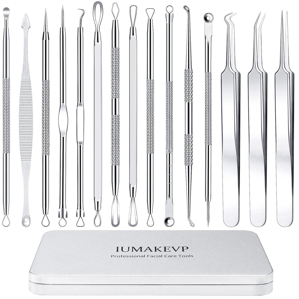 IUMAKEVP Pickel Entferner Werkzeug Set – 15-teiliges professionelles Edelstahl Blackhead Remover Kit für die Gesichtspflege – Mit Aufbewahrungsbox (Silber)
