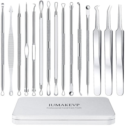 IUMAKEVP Pickel Entferner Werkzeug Set – 15-teiliges professionelles Edelstahl Blackhead Remover Kit für die Gesichtspflege – Mit Aufbewahrungsbox (Silber)