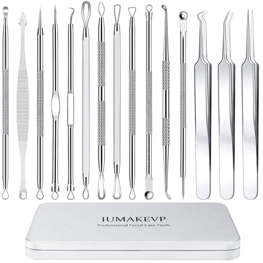 IUMAKEVP Pickel Entferner Werkzeug Set – 15-teiliges professionelles Edelstahl Blackhead Remover Kit für die Gesichtspflege – Mit Aufbewahrungsbox (Silber)
