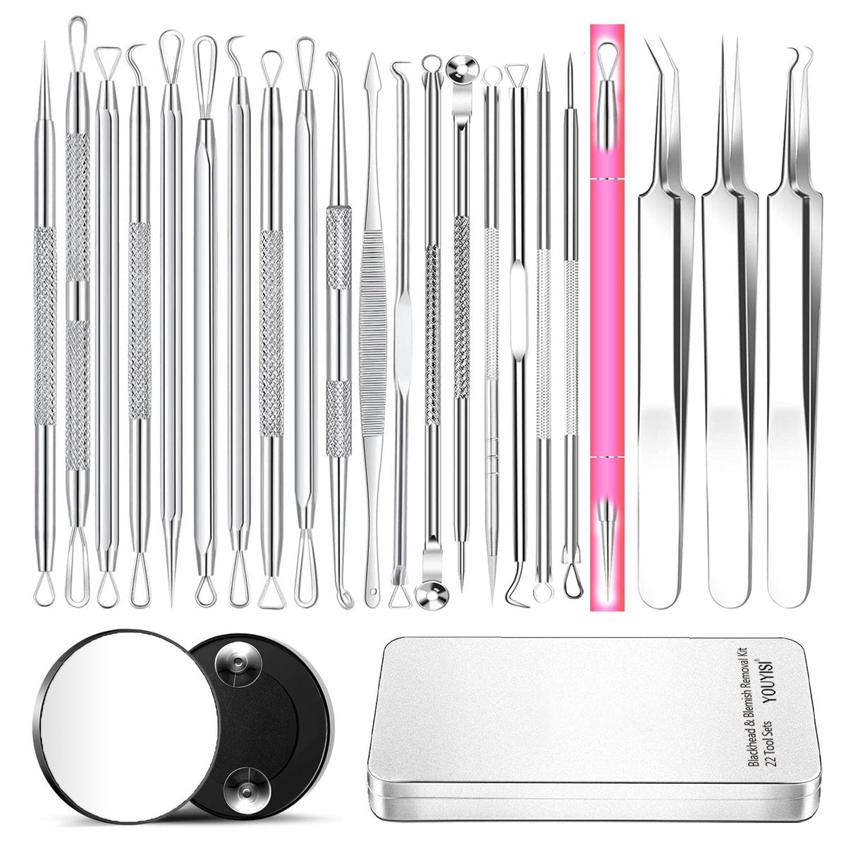 22-teiliges Pickel-Pop-Werkzeug-Set, Mitesser-Entferner für Akne und Pickel, Komedonen-Extraktor-Kit aus Edelstahl