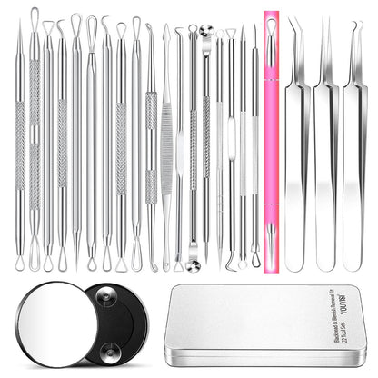 22-teiliges Pickel-Pop-Werkzeug-Set, Mitesser-Entferner für Akne und Pickel, Komedonen-Extraktor-Kit aus Edelstahl