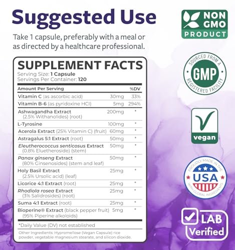Adrenal-Unterstützung & Cortisol-Manager (Non-GMO) – Leistungsstarke Nebennierengesundheit mit L-Tyrosin & Ashwagandha – Ausgeglichene Cortisolwerte & Stressabbau – Müdigkeitsergänzung – 120 Kapseln