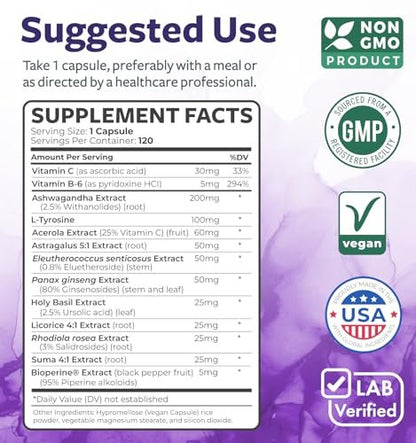 Adrenal-Unterstützung & Cortisol-Manager (Non-GMO) – Leistungsstarke Nebennierengesundheit mit L-Tyrosin & Ashwagandha – Ausgeglichene Cortisolwerte & Stressabbau – Müdigkeitsergänzung – 120 Kapseln