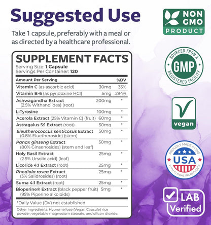 Adrenal-Unterstützung & Cortisol-Manager (Non-GMO) – Leistungsstarke Nebennierengesundheit mit L-Tyrosin & Ashwagandha – Ausgeglichene Cortisolwerte & Stressabbau – Müdigkeitsergänzung – 120 Kapseln
