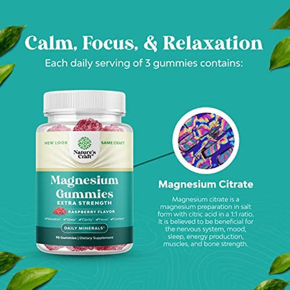 Extra Starke Magnesium Gummibärchen für Erwachsene – Beruhigende Magnesiumcitrat-Gummis mit elementarem Magnesium – Schlafhilfe, weiche Kautabletten mit Himbeergeschmack – Körper- und Geistesentspannung – 90 Stück