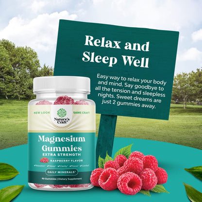Extra Starke Magnesium Gummibärchen für Erwachsene – Beruhigende Magnesiumcitrat-Gummis mit elementarem Magnesium – Schlafhilfe, weiche Kautabletten mit Himbeergeschmack – Körper- und Geistesentspannung – 90 Stück