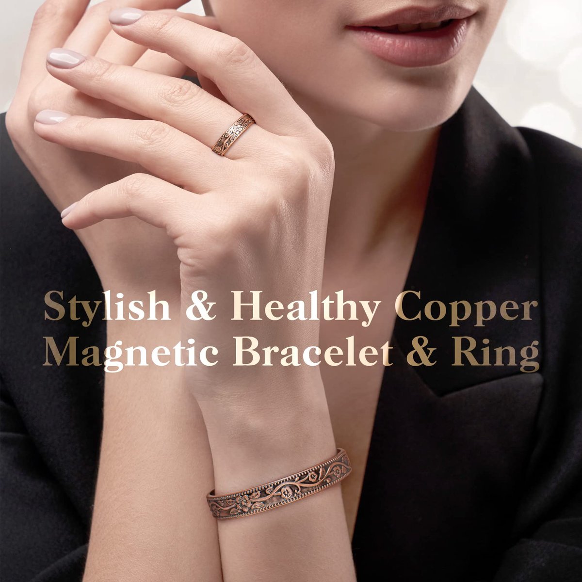 Lymphdrainage-Ring und Kupferarmband für Frauen – Magnetischer Lymph-Detox-Ring und Magnetarmband aus 100 % massivem Kupfer