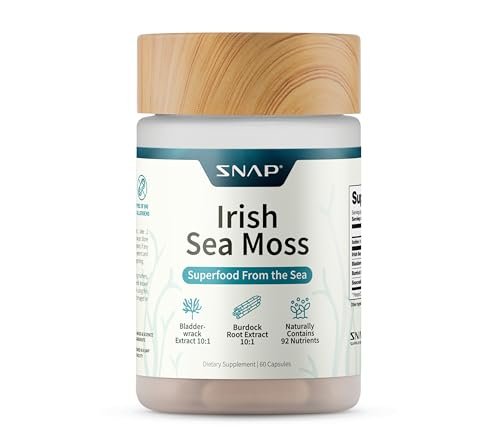 Snap Supplements Irisches Moos mit Blasentang, Klettenwurzel & Jod – Natürliches Seemoos-Präparat zur Unterstützung der Darmgesundheit, Energie & gesund aussehender Haut, 60 vegane Kapseln (1 Monatsvorrat)