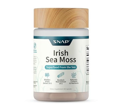Snap Supplements Irisches Moos mit Blasentang, Klettenwurzel & Jod – Natürliches Seemoos-Präparat zur Unterstützung der Darmgesundheit, Energie & gesund aussehender Haut, 60 vegane Kapseln (1 Monatsvorrat)