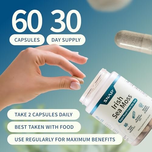 Snap Supplements Irisches Moos mit Blasentang, Klettenwurzel & Jod – Natürliches Seemoos-Präparat zur Unterstützung der Darmgesundheit, Energie & gesund aussehender Haut, 60 vegane Kapseln (1 Monatsvorrat)