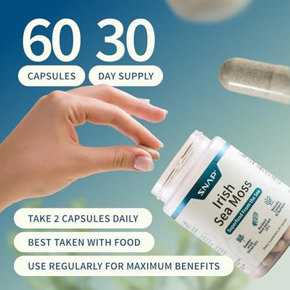 Snap Supplements Irisches Moos mit Blasentang, Klettenwurzel & Jod – Natürliches Seemoos-Präparat zur Unterstützung der Darmgesundheit, Energie & gesund aussehender Haut, 60 vegane Kapseln (1 Monatsvorrat)