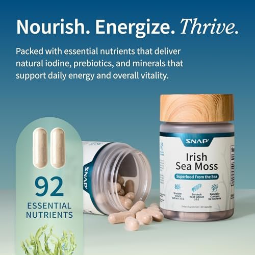 Snap Supplements Irisches Moos mit Blasentang, Klettenwurzel & Jod – Natürliches Seemoos-Präparat zur Unterstützung der Darmgesundheit, Energie & gesund aussehender Haut, 60 vegane Kapseln (1 Monatsvorrat)