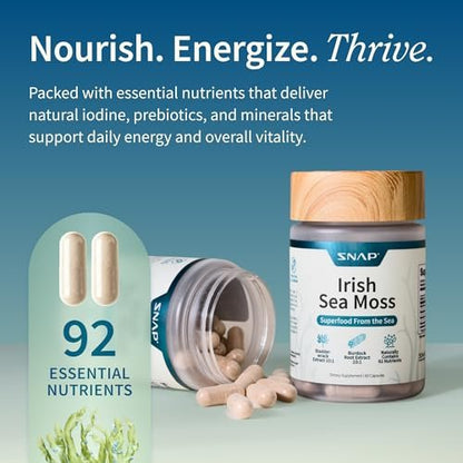 Snap Supplements Irisches Moos mit Blasentang, Klettenwurzel & Jod – Natürliches Seemoos-Präparat zur Unterstützung der Darmgesundheit, Energie & gesund aussehender Haut, 60 vegane Kapseln (1 Monatsvorrat)