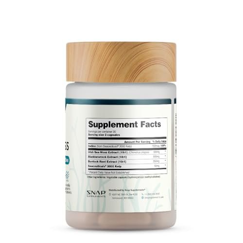 Snap Supplements Irisches Moos mit Blasentang, Klettenwurzel & Jod – Natürliches Seemoos-Präparat zur Unterstützung der Darmgesundheit, Energie & gesund aussehender Haut, 60 vegane Kapseln (1 Monatsvorrat)