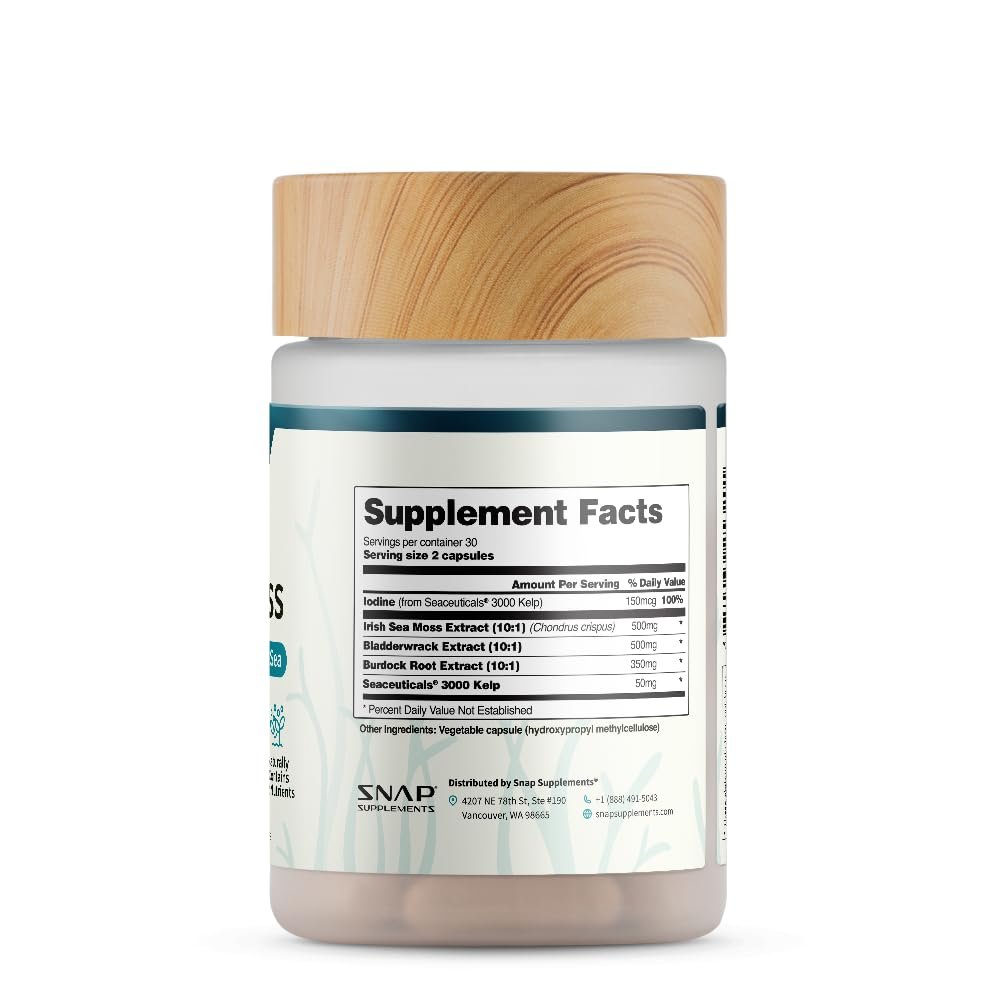 Snap Supplements Irisches Moos mit Blasentang, Klettenwurzel & Jod – Natürliches Seemoos-Präparat zur Unterstützung der Darmgesundheit, Energie & gesund aussehender Haut, 60 vegane Kapseln (1 Monatsvorrat)
