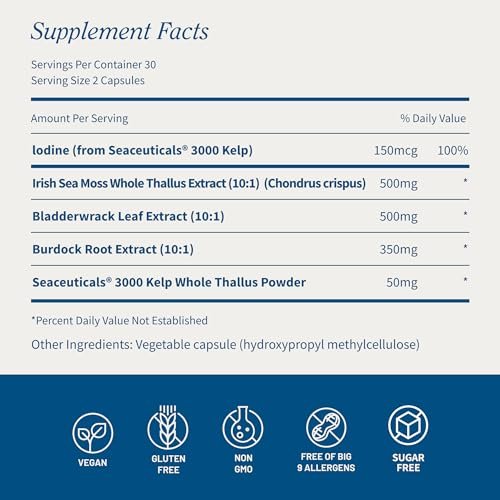 Snap Supplements Irisches Moos mit Blasentang, Klettenwurzel & Jod – Natürliches Seemoos-Präparat zur Unterstützung der Darmgesundheit, Energie & gesund aussehender Haut, 60 vegane Kapseln (1 Monatsvorrat)