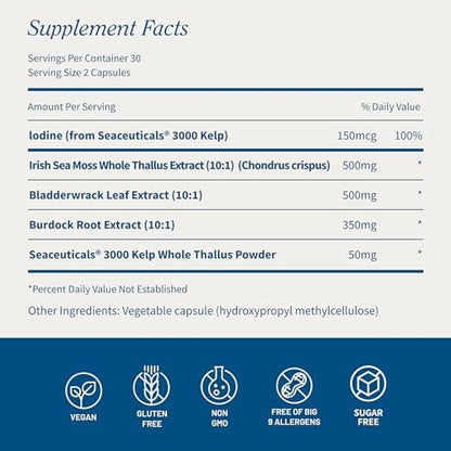 Snap Supplements Irisches Moos mit Blasentang, Klettenwurzel & Jod – Natürliches Seemoos-Präparat zur Unterstützung der Darmgesundheit, Energie & gesund aussehender Haut, 60 vegane Kapseln (1 Monatsvorrat)