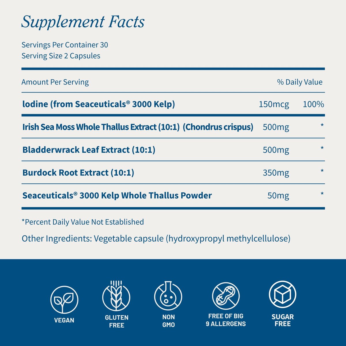 Snap Supplements Irisches Moos mit Blasentang, Klettenwurzel & Jod – Natürliches Seemoos-Präparat zur Unterstützung der Darmgesundheit, Energie & gesund aussehender Haut, 60 vegane Kapseln (1 Monatsvorrat)