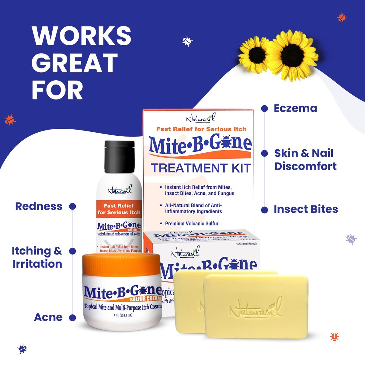 Mite-B-Gone Relief Seife – Schnelle Anti-Juckreiz Schwefelbehandlung bei Milben, Insekten- & Mückenstichen, Juckreiz & Unbehagen – Kindersicher – Wirksam für alle Hauttypen – 5 oz Riegel (2er-Pack)