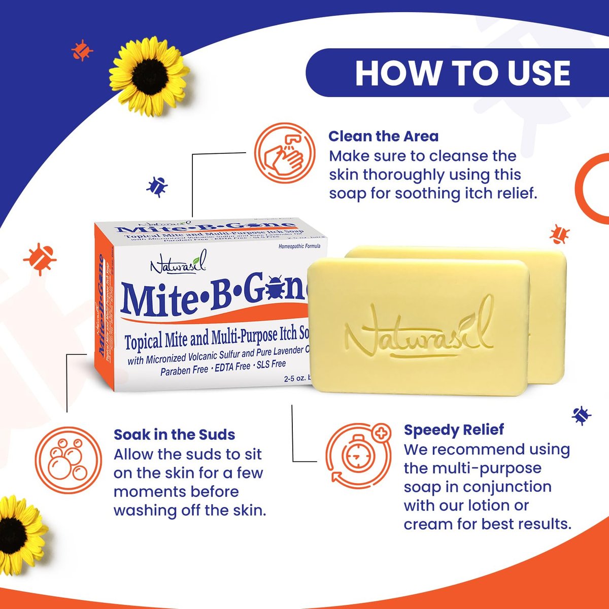 Mite-B-Gone Relief Seife – Schnelle Anti-Juckreiz Schwefelbehandlung bei Milben, Insekten- & Mückenstichen, Juckreiz & Unbehagen – Kindersicher – Wirksam für alle Hauttypen – 5 oz Riegel (2er-Pack)