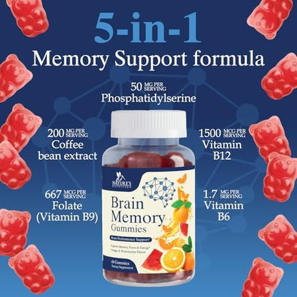 Gehirn-Gummis mit 3-facher Stärke - Nootropika für Gedächtnis, Fokus & Konzentration - mit Phosphatidylserin, B6, B12 & Nootropika - 60 Gummis