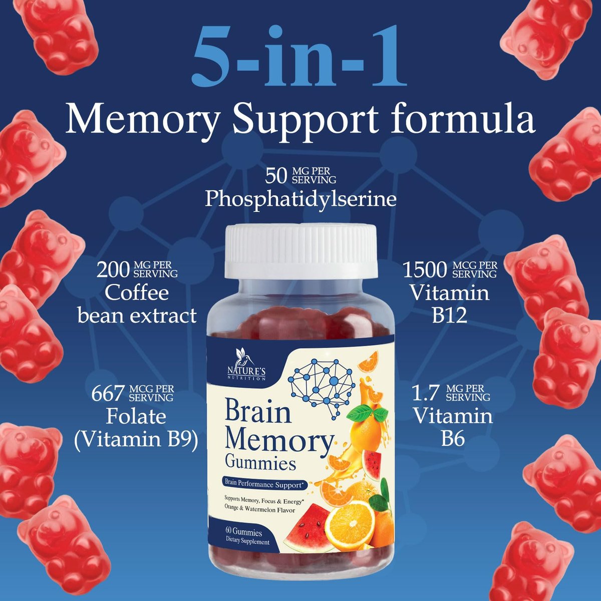 Gehirn-Gummis mit 3-facher Stärke - Nootropika für Gedächtnis, Fokus & Konzentration - mit Phosphatidylserin, B6, B12 & Nootropika - 60 Gummis