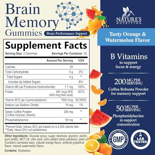 Gehirn-Gummis mit 3-facher Stärke - Nootropika für Gedächtnis, Fokus & Konzentration - mit Phosphatidylserin, B6, B12 & Nootropika - 60 Gummis