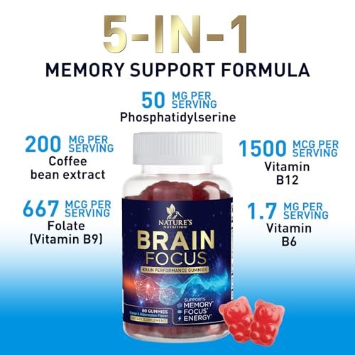 Gehirn-Nahrungsergänzungsmittel für Gedächtnis & Fokus mit Phosphatidylserin, Nootropikum Memory Gummis für Gehirngesundheit, Konzentration, mentale & kognitive Unterstützung, Fokus-Vitamine mit B6 & B12 – 60 Gummis