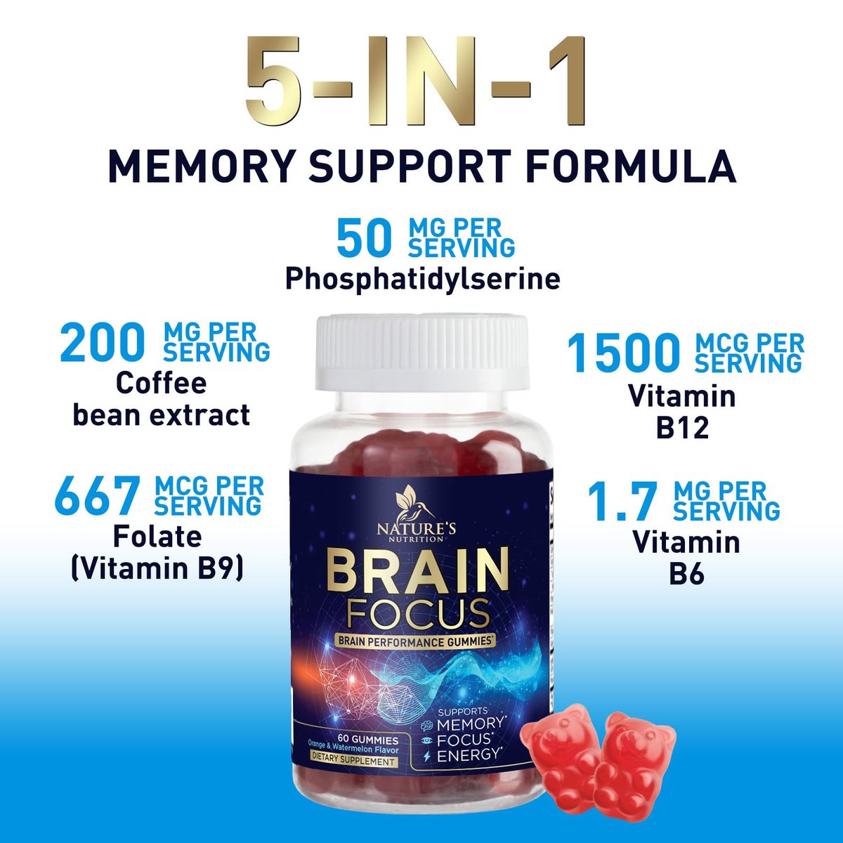 Gehirn-Nahrungsergänzungsmittel für Gedächtnis & Fokus mit Phosphatidylserin, Nootropikum Memory Gummis für Gehirngesundheit, Konzentration, mentale & kognitive Unterstützung, Fokus-Vitamine mit B6 & B12 – 60 Gummis