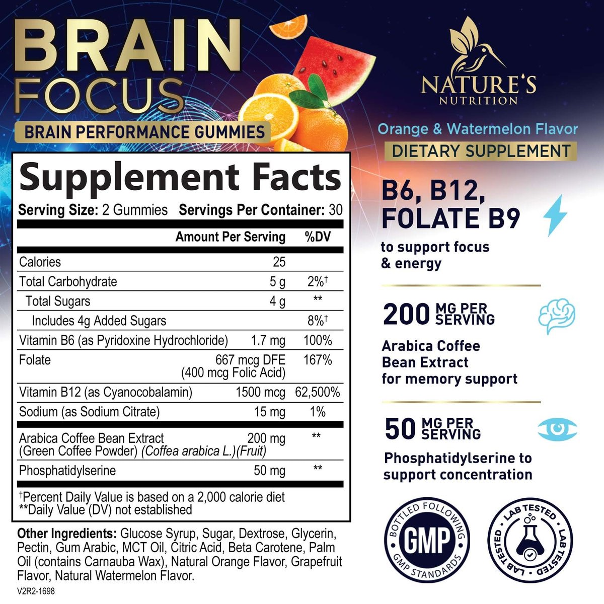Gehirn-Nahrungsergänzungsmittel für Gedächtnis & Fokus mit Phosphatidylserin, Nootropikum Memory Gummis für Gehirngesundheit, Konzentration, mentale & kognitive Unterstützung, Fokus-Vitamine mit B6 & B12 – 60 Gummis
