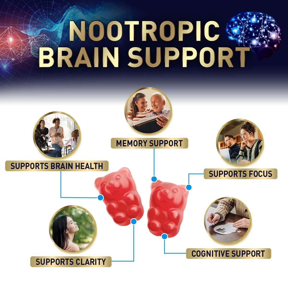 Gehirn-Nahrungsergänzungsmittel für Gedächtnis & Fokus mit Phosphatidylserin, Nootropikum Memory Gummis für Gehirngesundheit, Konzentration, mentale & kognitive Unterstützung, Fokus-Vitamine mit B6 & B12 – 60 Gummis