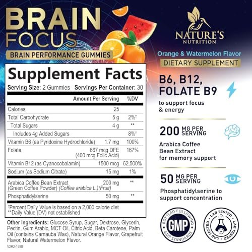 Gehirn-Nahrungsergänzungsmittel für Gedächtnis & Fokus mit Phosphatidylserin, Nootropikum Memory Gummis für Gehirngesundheit, Konzentration, mentale & kognitive Unterstützung, Fokus-Vitamine mit B6 & B12 – 60 Gummis