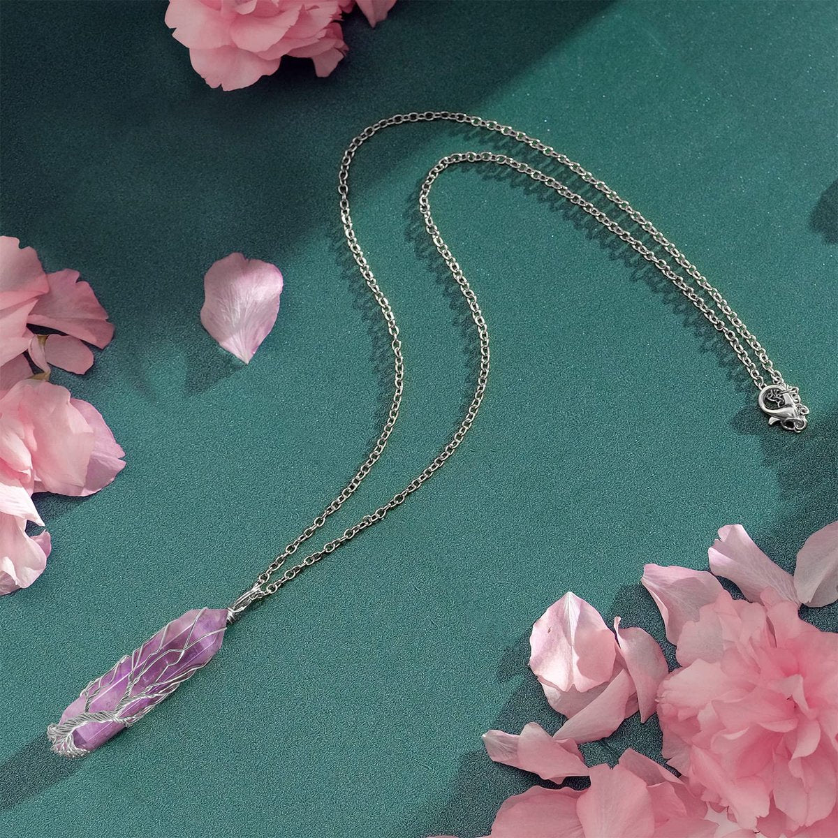 VIBILIA Heilender Kristall-Anhänger „Baum des Lebens“ – Amethyst-Spitze in Silber, spiritueller Quarzschmuck für Frauen und Männer