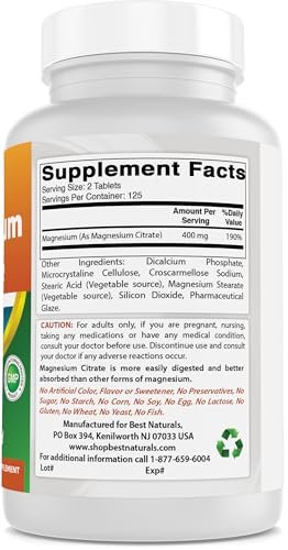 Best Naturals Magnesium Citrat 400 mg, 250 Tabletten – Elementares Magnesium pro 2 Tabletten, Nahrungsergänzungsmittel