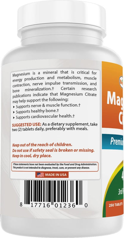Best Naturals Magnesium Citrat 400 mg, 250 Tabletten – Elementares Magnesium pro 2 Tabletten, Nahrungsergänzungsmittel