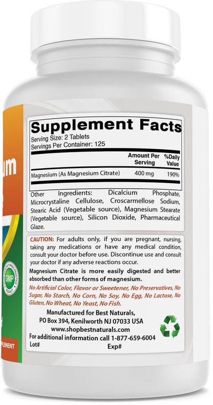 Best Naturals Magnesium Citrat 400 mg, 250 Tabletten – Elementares Magnesium pro 2 Tabletten, Nahrungsergänzungsmittel